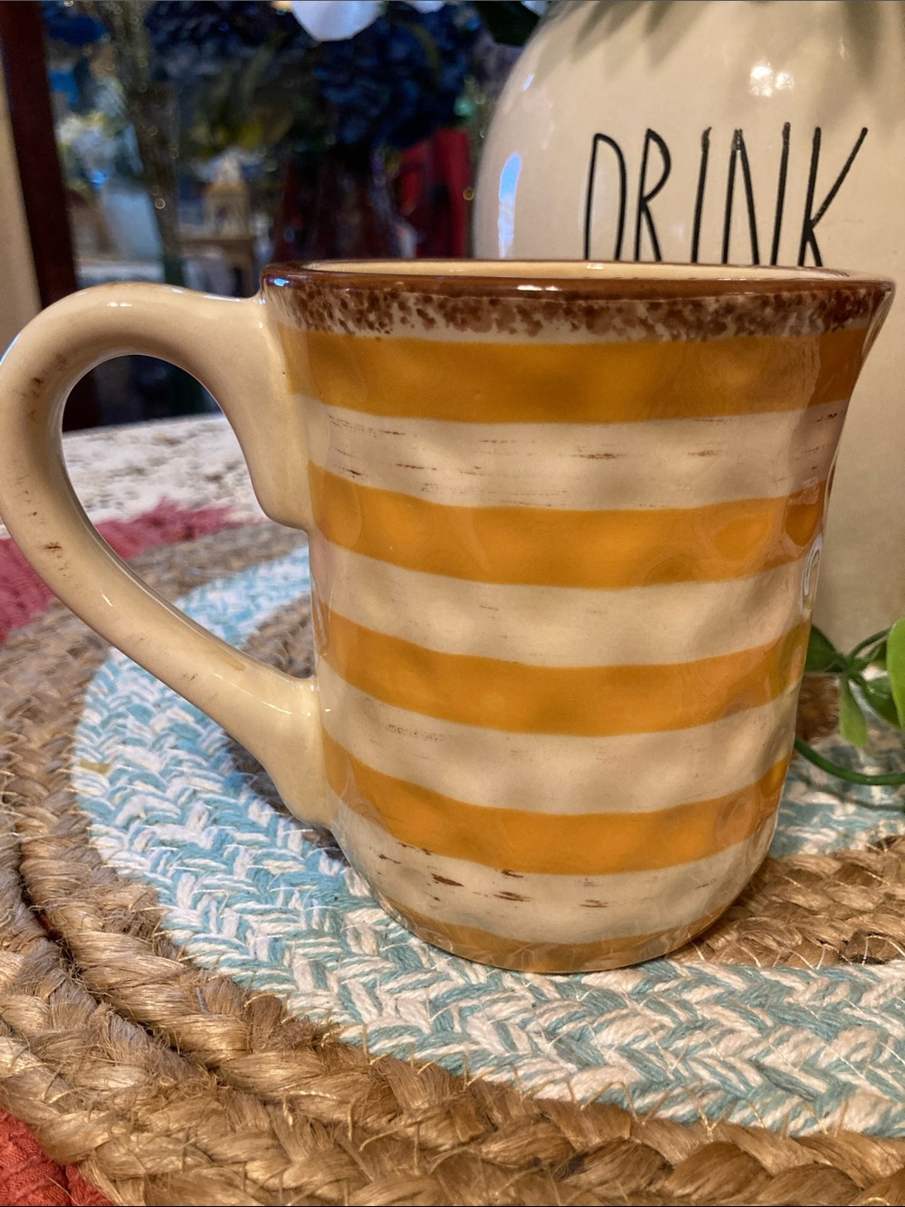 Reubens Handpainted Mustard Yellow & Cream Striped Ceramic Mug